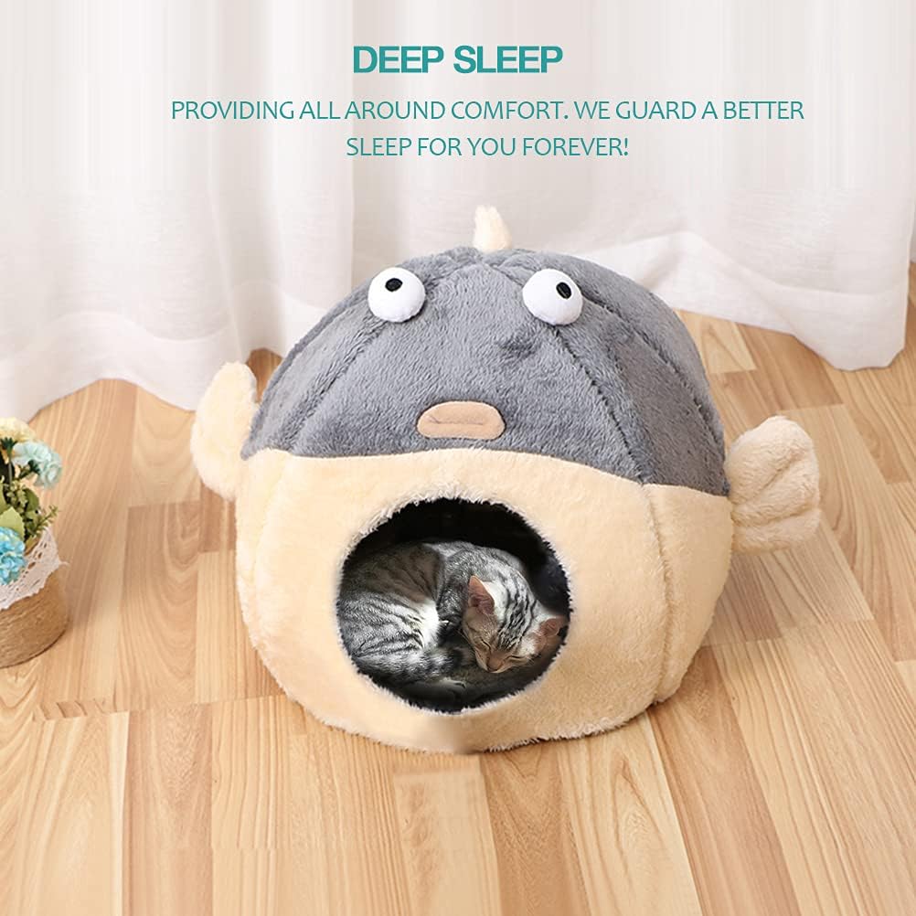 Cat Beds for Indoor Cats-Cat Bed Cave, Cute Lively Pufferfish shape, Grey L