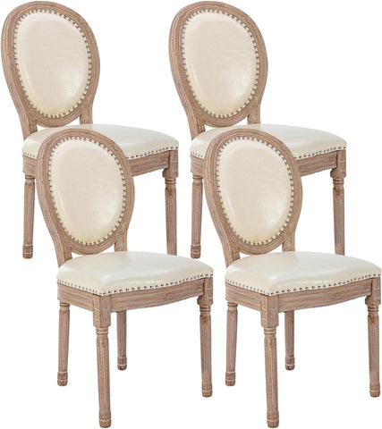 French Country Dining Chairs Set of 4, Upholstered Leather Dining Chairs with Curved Backrest, Vintage Accent Chairs for Living Room or Restaurant, Beige