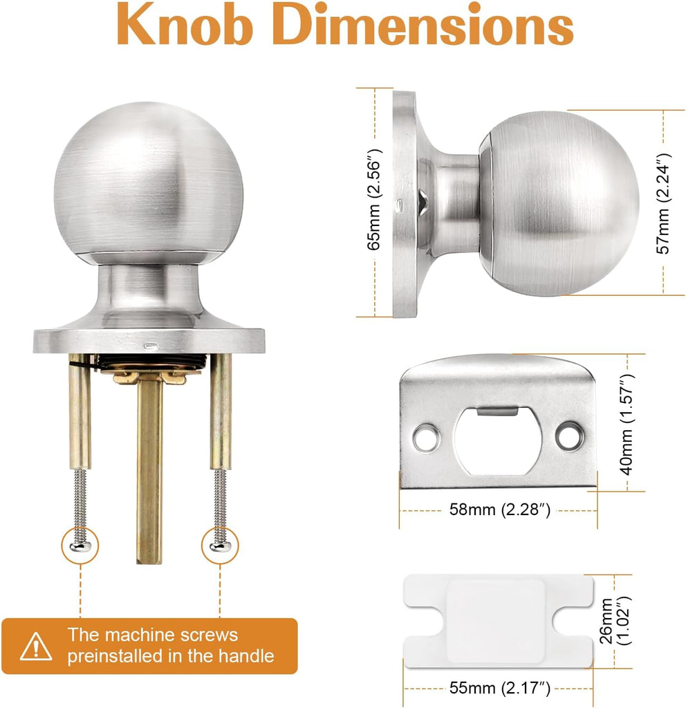 Round Passage Door Knobs Handles for Hall/Closet Brushed Nickel Interior Keyless Door Knobs, 6 Pack