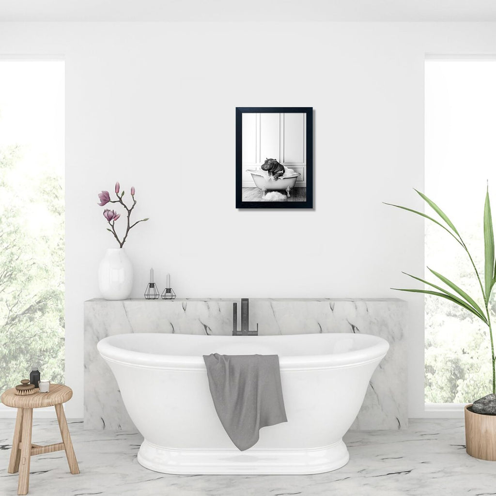 Framed Bathroom Decor Wall Art Black and White Canvas Print Cute Hippo in Bathtub Wall Art Bathrom Painting for Wall