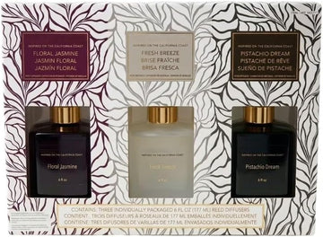 Reed Diffuser Set, 3 Pack, 6 fl oz and 5 Reeds Each, Floral Jasmine, Fresh Breeze, Pistachio Dream