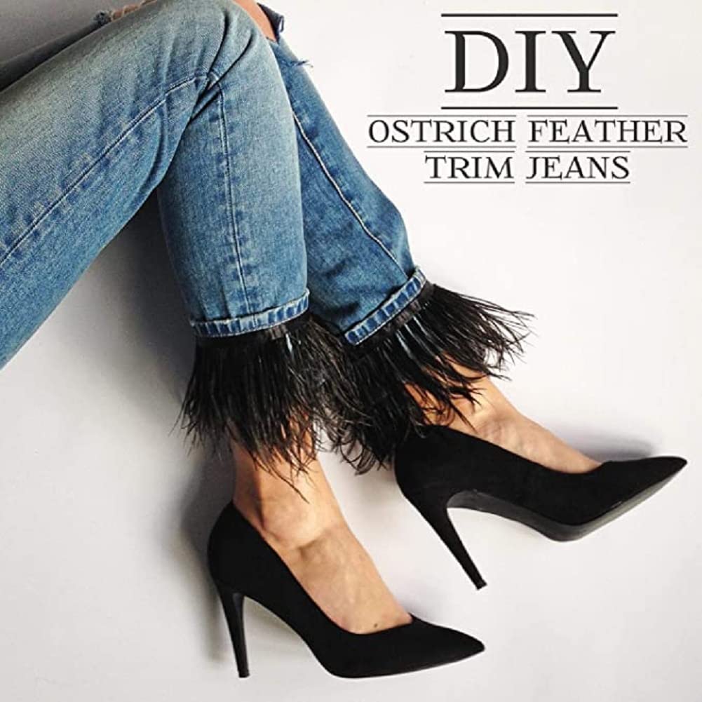 Ostrich Feathers Trims Fringe with Satin Ribbon Tape - for Dress Sewing Crafts Costumes Decoration Pack of 2 Yards