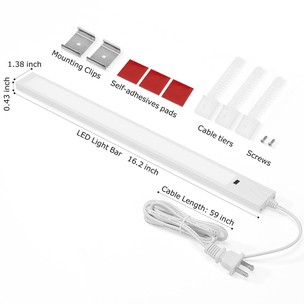 Under Cabinet Light 16 Inch Plug in 110VAC. Hand Wave Activated. 8W LED Light Bar. Bright but Dimmable. Light Color
