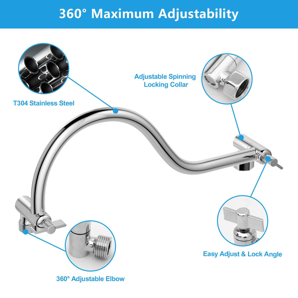 16 Inch Shower Head Extension Arm, Solid Stainless Steel & Brass