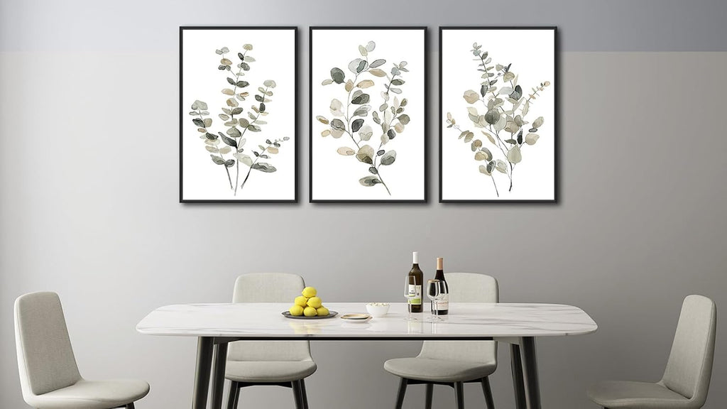Large Framed Botanical Wall Art - Eucalyptus Leaf Wall Decor Set of 3 Taupe Simple Life Painting Prints