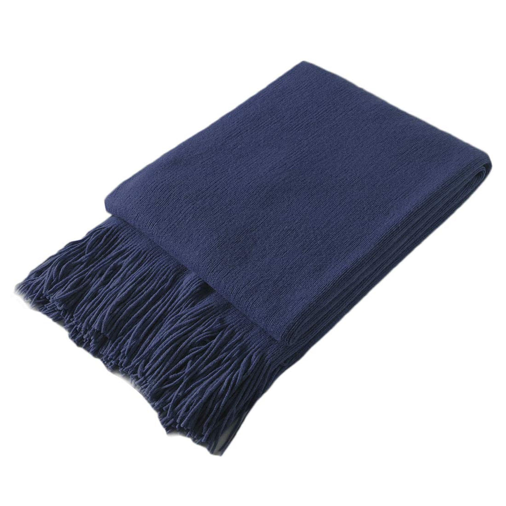 Navy Blue Knitted Throw Blanket with Fringe, 50x60 Inch