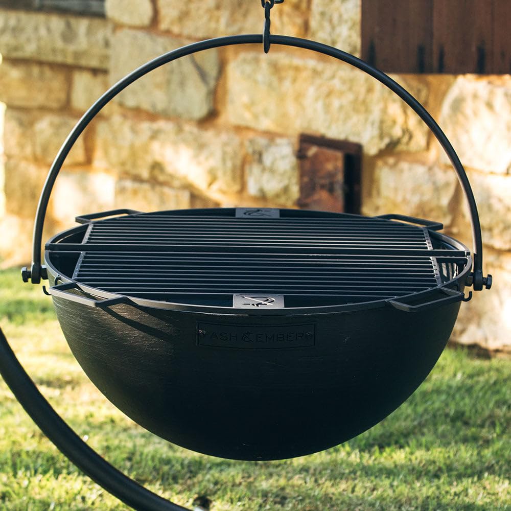 Ash & Ember 30" Cast Iron Cauldron Fire Pit Bowl with Double Hinged Grill Grate-Easy-Lift Handles & Handing Chain