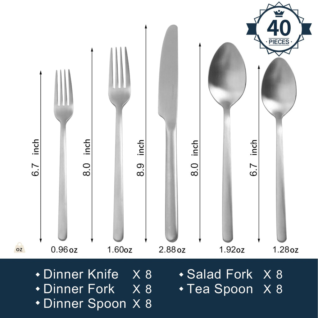 40 Piece Silverware Set, Flatware Set for 8, 18/10 Stainless Steel Cutlery Set Mirror Polished Modern Design