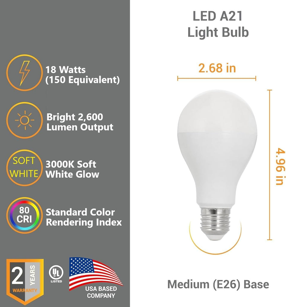A21 LED Light Bulb 18W (150W Equivalent) 2600 Lumens Dimmable 3000K Soft White E26 Medium Base 220° Beam Angle UL