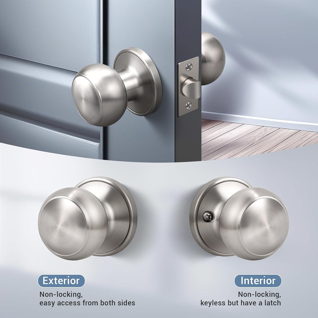 5 Pack Passage Door Knob Brushed Nickel,Round Door knob for Hall and Closet Door Knobs, Non-Locking Round Door