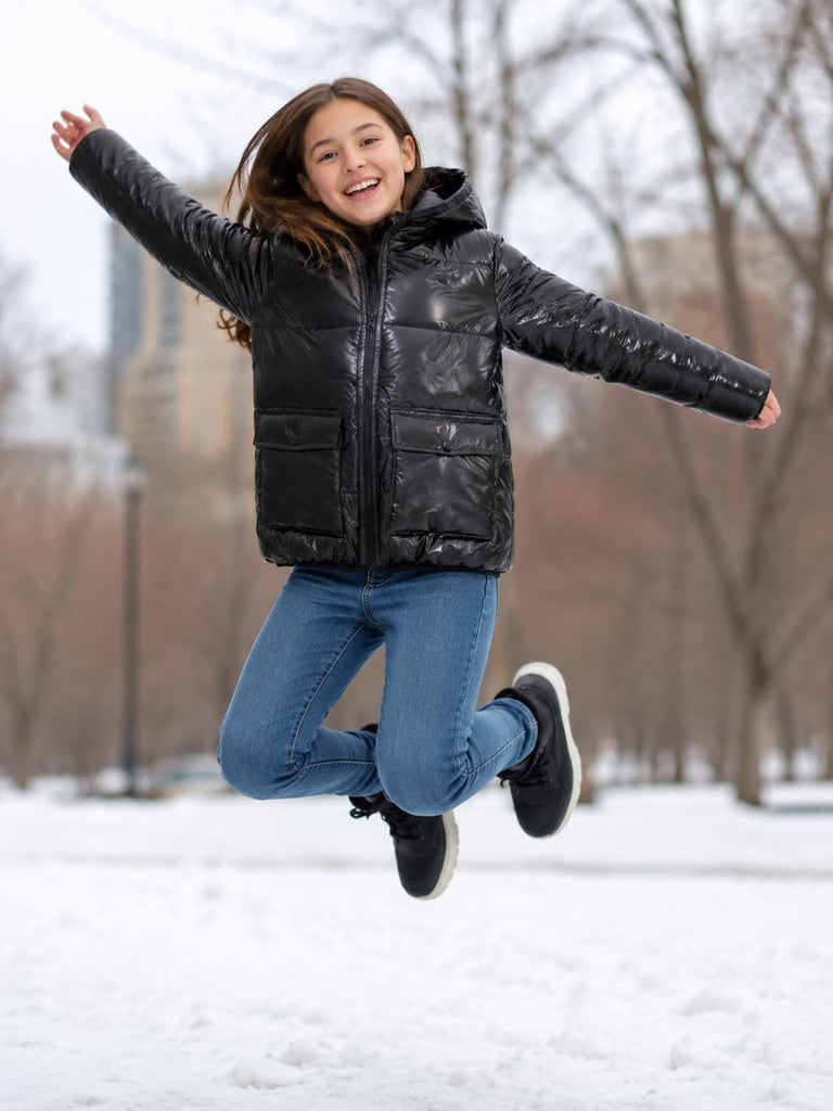 Girls Winter Coat Metallic Shiny Hooded Puffer Jacket