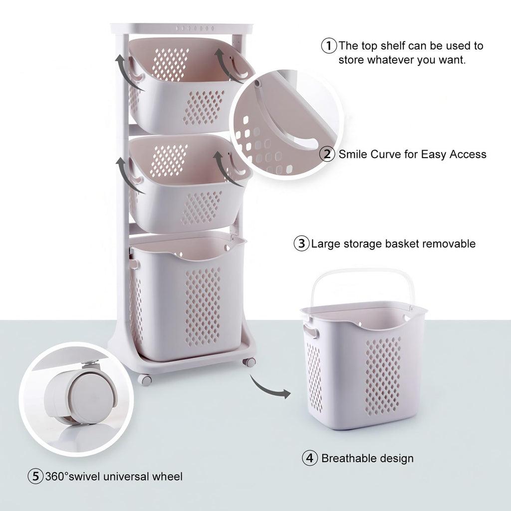4-Tier Laundry Hamper Sorter with Rolling Baskets White