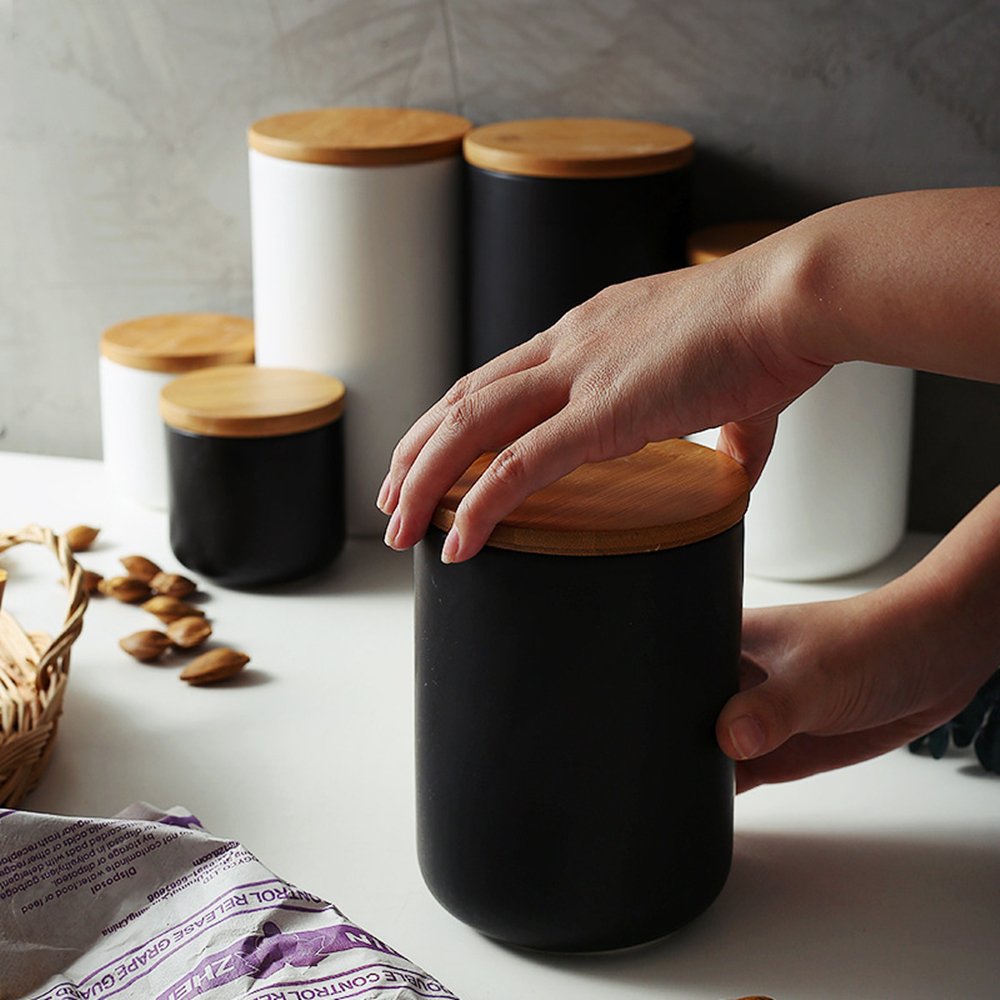1000ml/34 oz Air Tight Jars Ceramic Storage Containers with Airtight Seal Bamboo Lids Kitchen Canisters for Tea Sugar