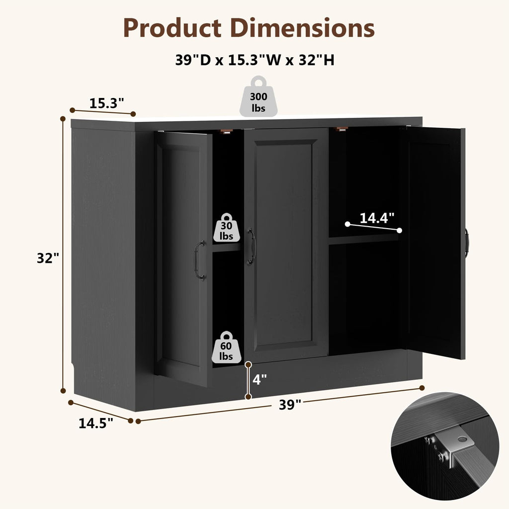 39" W Modern Buffet Cabinet with 3 Doors 4 Zones, Modular Sideboard with Thickened Frame & Adjustable Shelves, Sturdy