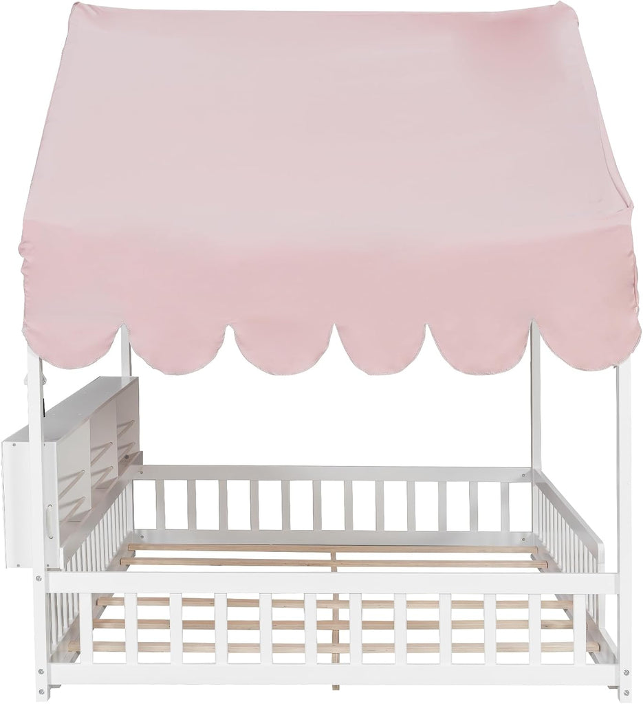 Montessori Floor Bed for Kids Toddler, House Shaped Kids Bed Frame with Safety Guardrail, Curtain &