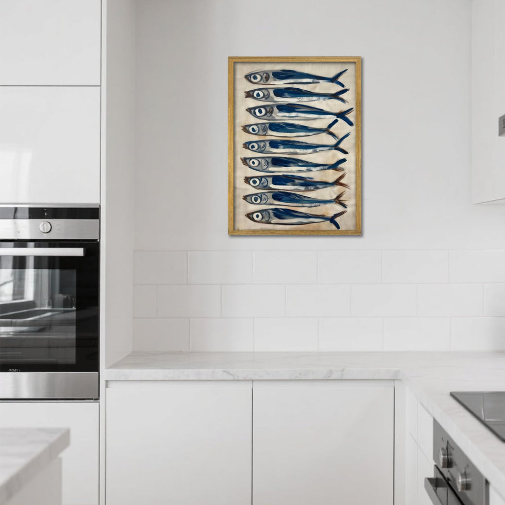 Coastal Sardine Wall Art Framed Nautical Fish Poster Rustic Beach House Wall Decor Kitchen Dining Room Sea Life