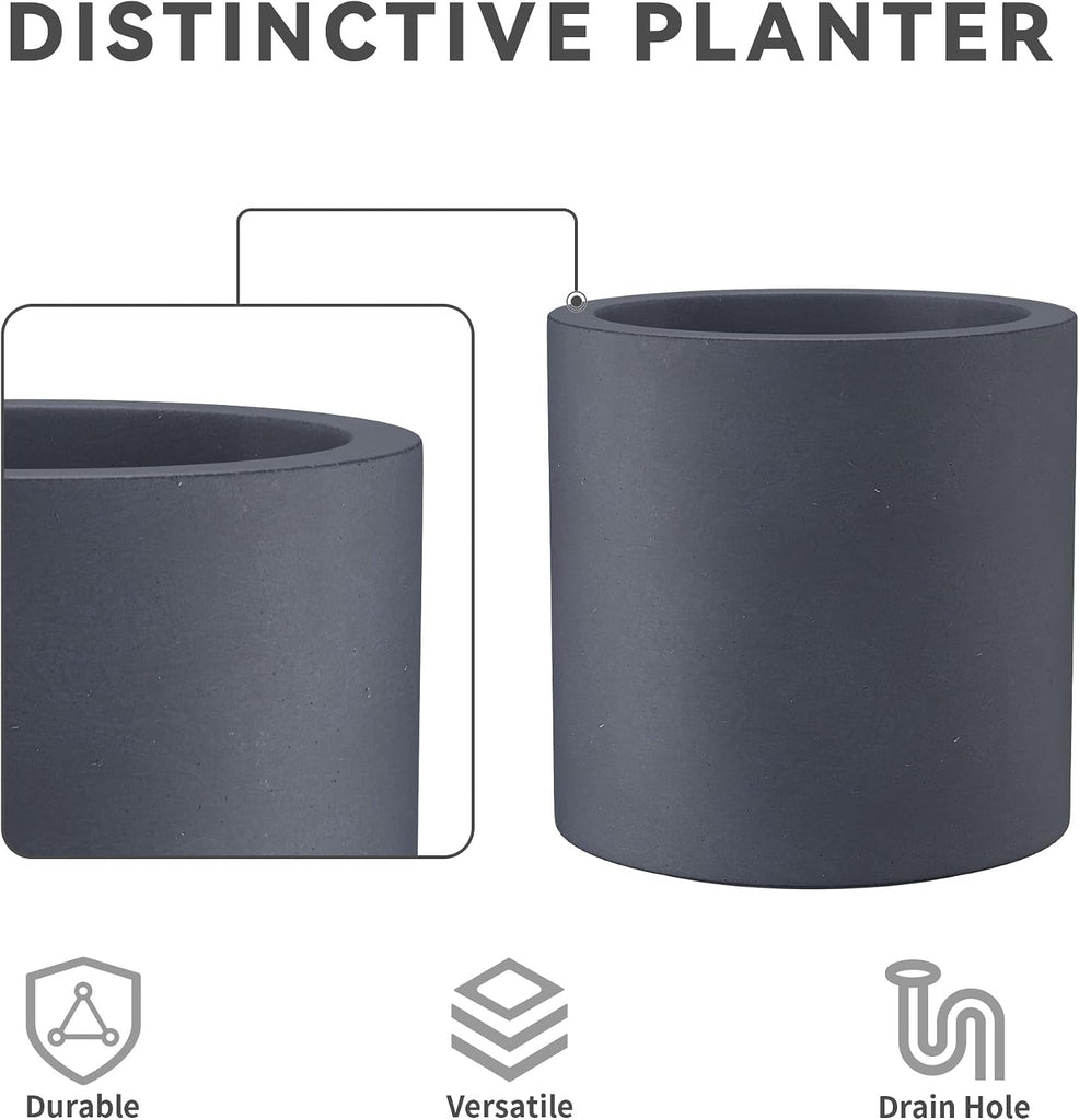 Set of 3 Charcoal Concrete Cylinder Planters 15.8" 12.9" 15.8" Dia | Drainage for Outdoor, Rubber Plug for Indoor