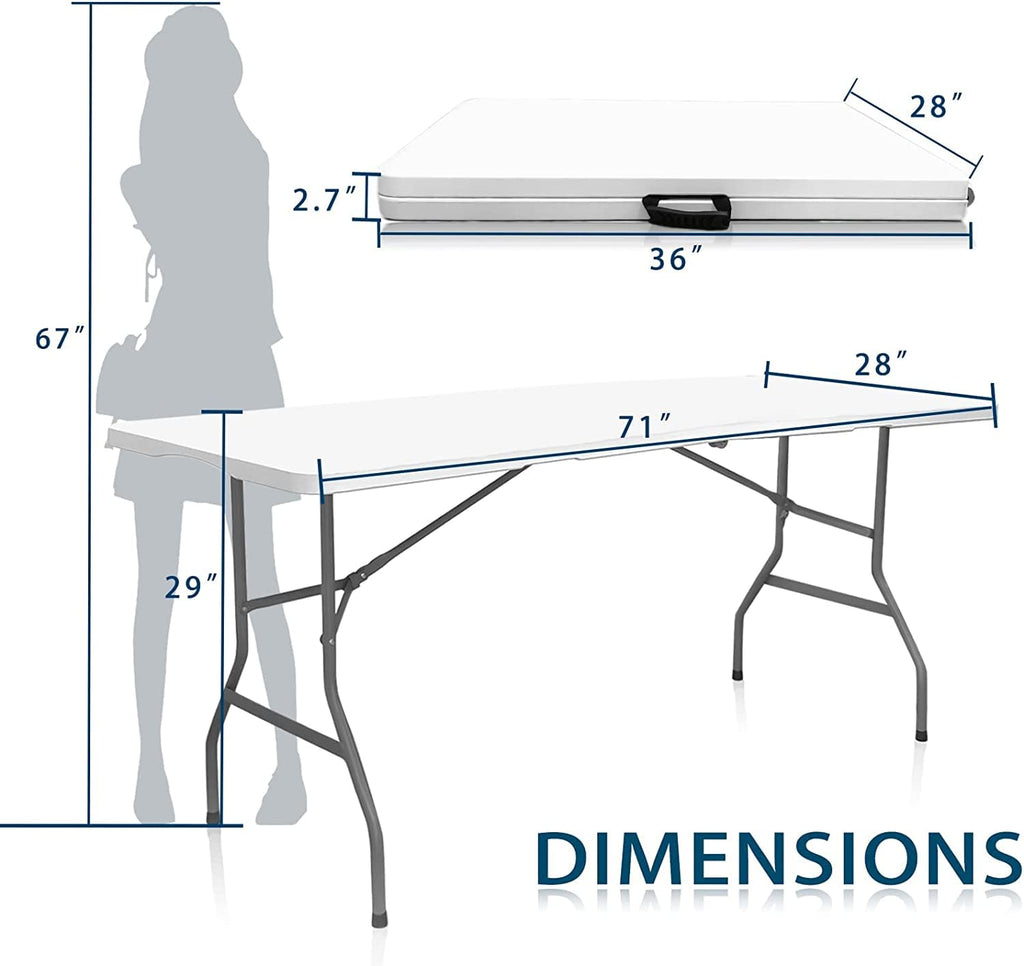 6FT Folding Table, Fold-in-Half Portable Plastic Table, White