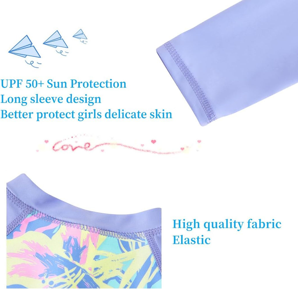 Girls Long Sleeve Rash Guard One Piece Swimsuits with UV Protection