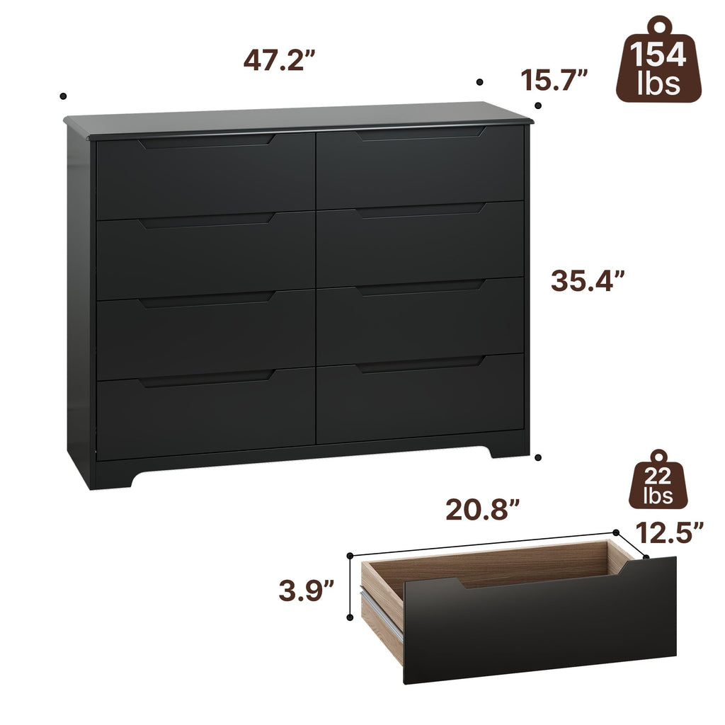 8 Drawer Dresser, 47" Wide White Dresser, Black