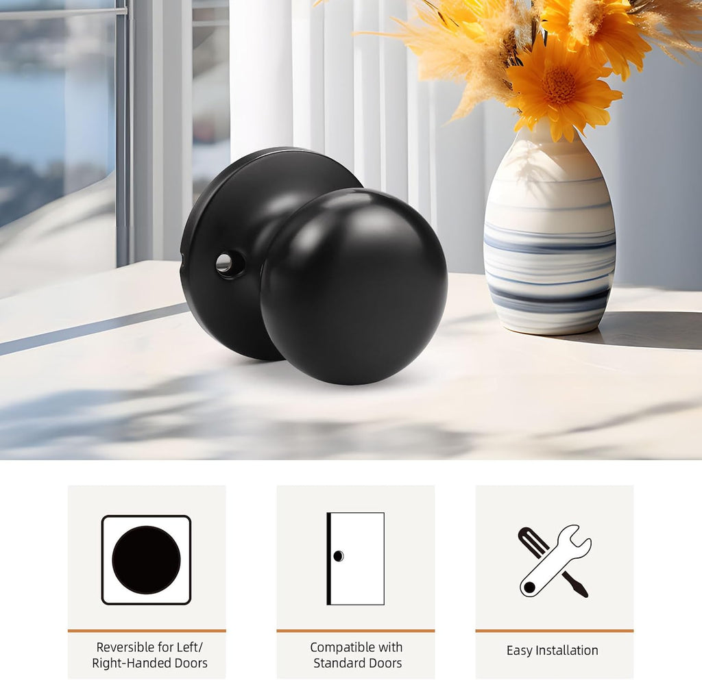 2 Pack Single Dummy Door Knobs Matte Black Interior Dummy Knobs for French Doors Round Door Knobs Stainless Steel