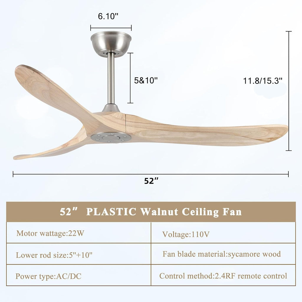 Inspired Maverick Style 52" Modern Ceiling Fan, No Light, 6-Speed, Reversible, Timed Shutdown, DC Motor, Natural Wood 3 Blade, Porch, Bedroom, Living Room A101-B0C7L4CS79
