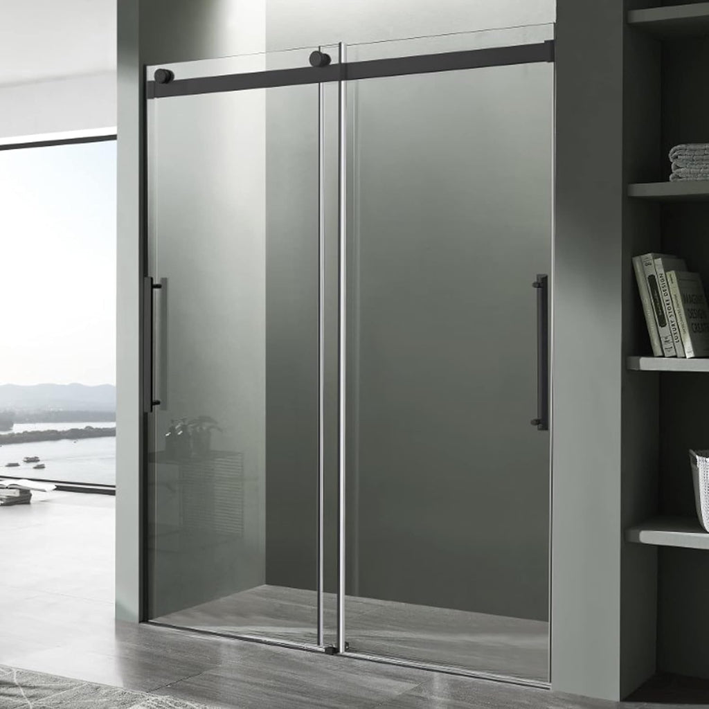 Frameless Sliding Shower Door 60 x 76 in Matte Black, 5/16 in Tempered Deco-Glass, Tsunami Guard Coating