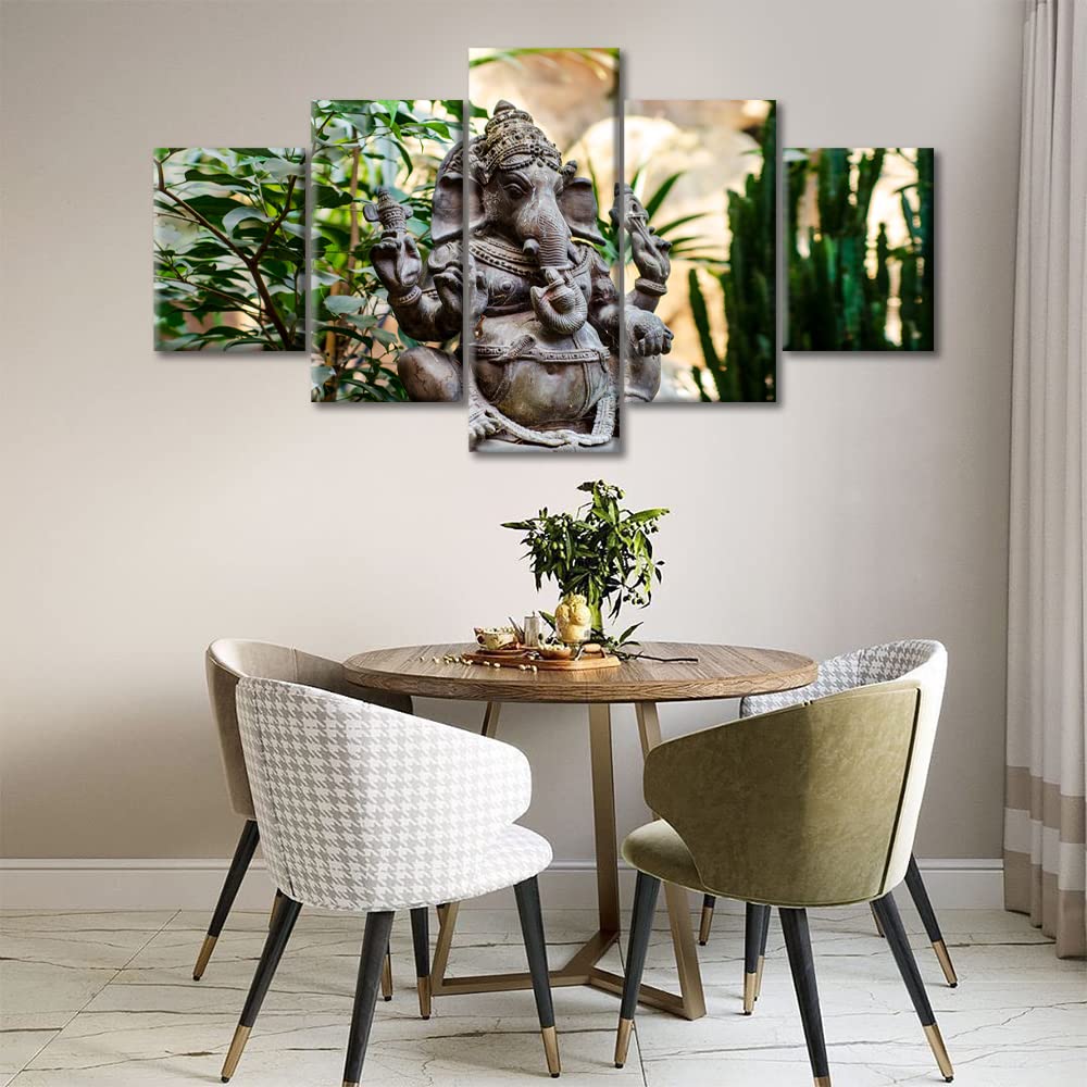 5 Piece Ganesha Wall Decor Ganesha Metal Figure in the Jungle Canvas Paintings Black and White Wall Art Hindu God