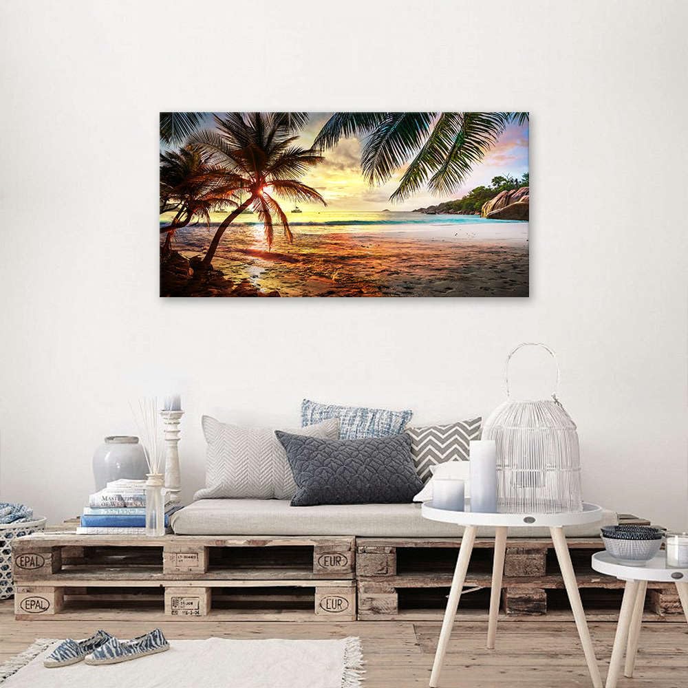 Canvas Wall Art Tropical Palm Tree Summer Ocean Waves Coconut Trees Beach Sunrise Seascape Scenery Painting Nature