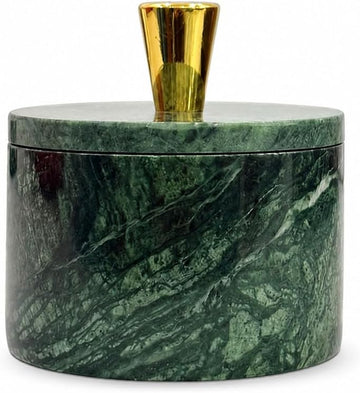 Green Marble Salt Cellar with Lid & Brass Knob - Natural Stone Spice Container Countertop, Gourmet Salt Holder
