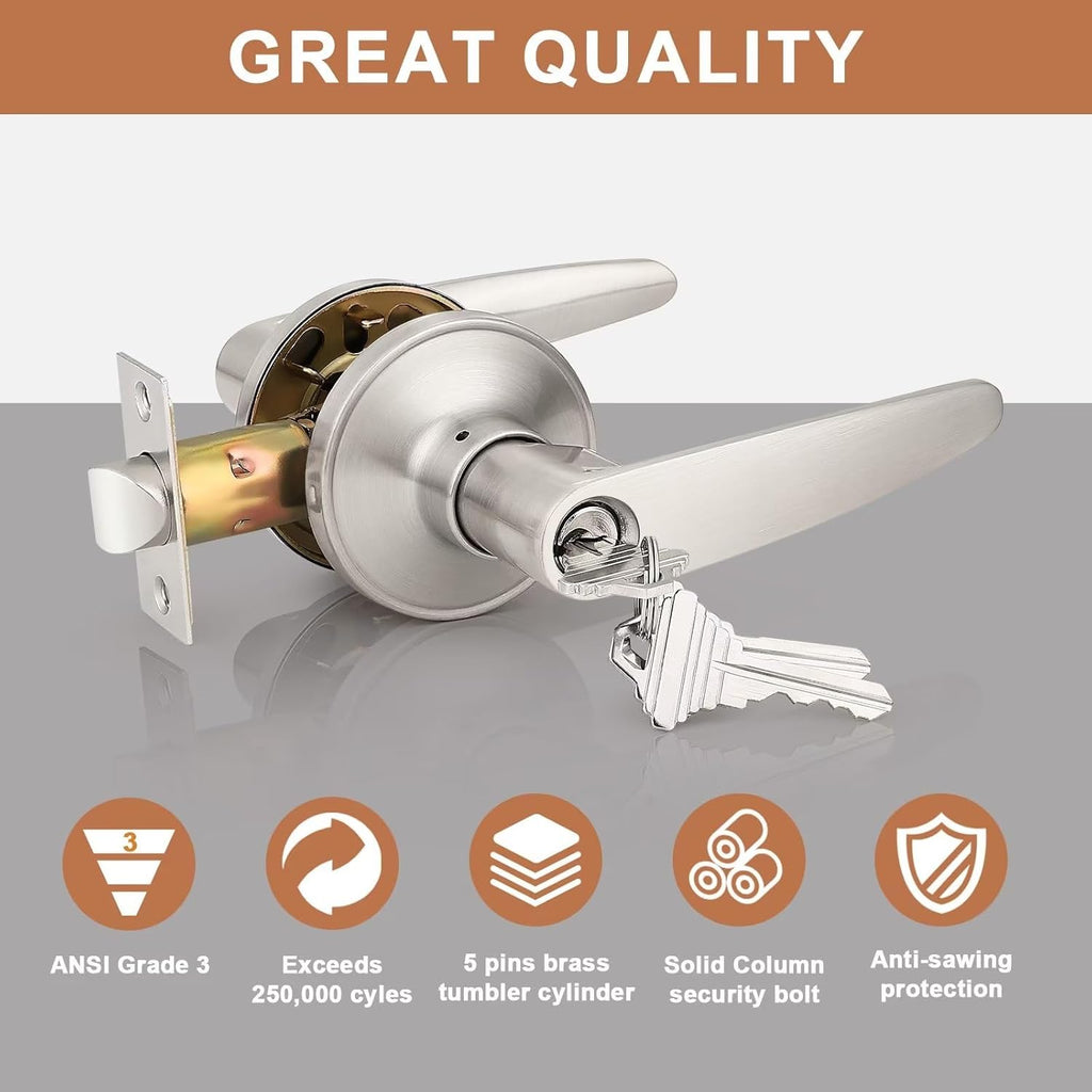 (3 Pack Keyed Entry Door Lever Lock Door Handleset,(keyed Alike) Each with 3 Keys All Same Key in Satin Nickel