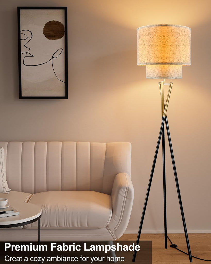 Gold Tripod Floor Lamp, Modern Floor Lamp, Standing Lamp with Linen Shade, E26 Bulb Included, 66" Tall Floor Lamps