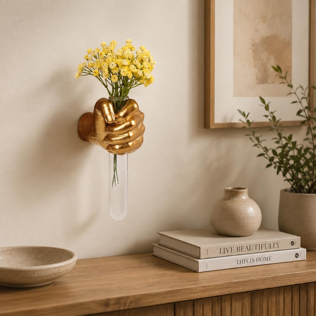 Gold Wall Sculptures, Hand Vases Home Decor, Wall Mount Art Sculpture, Unique Wall Art Statue, Funky Flower Vase