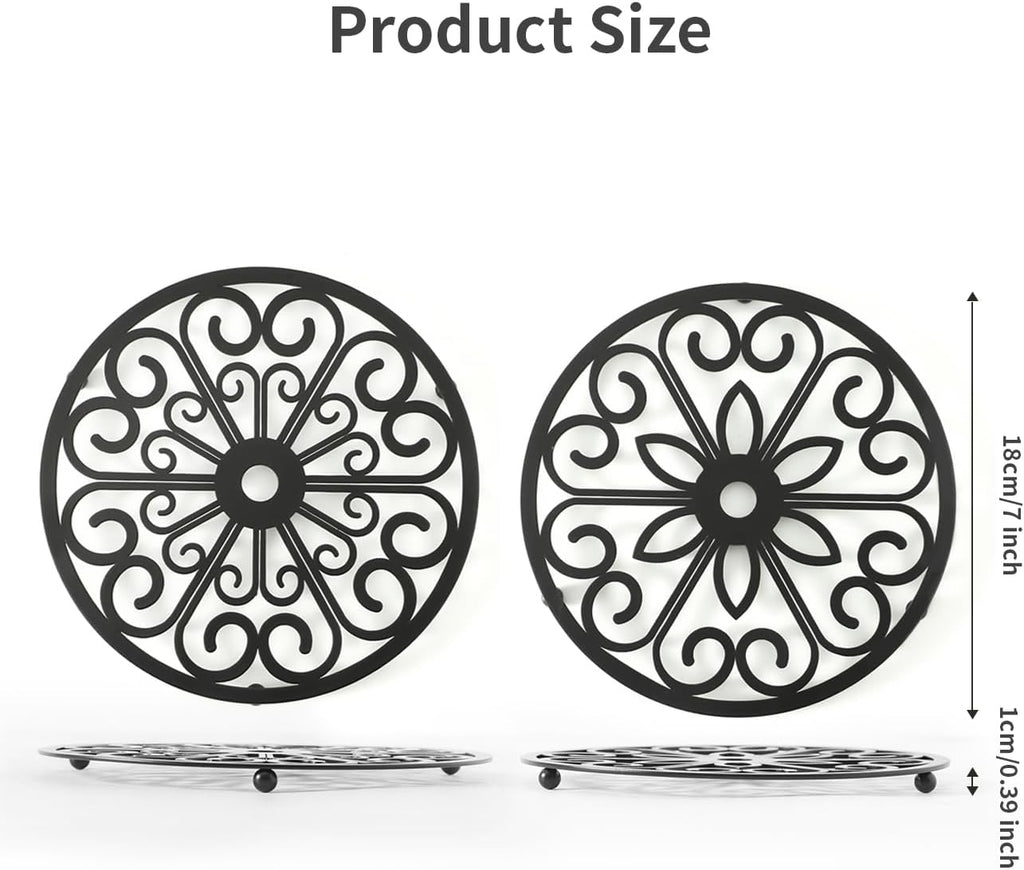 Decorative Round Flower Trivets - 7 Inch Iron Pot Pads, Black Elegant Kitchen and Dining Table Protector - Set of 2