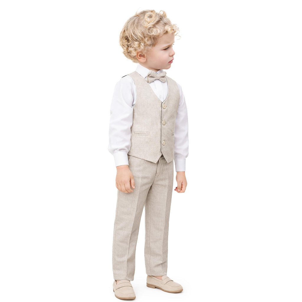 Boys Formal Suit 4 Piece Vest, Pants and Tie Dresswear Suit Set (, Beige)