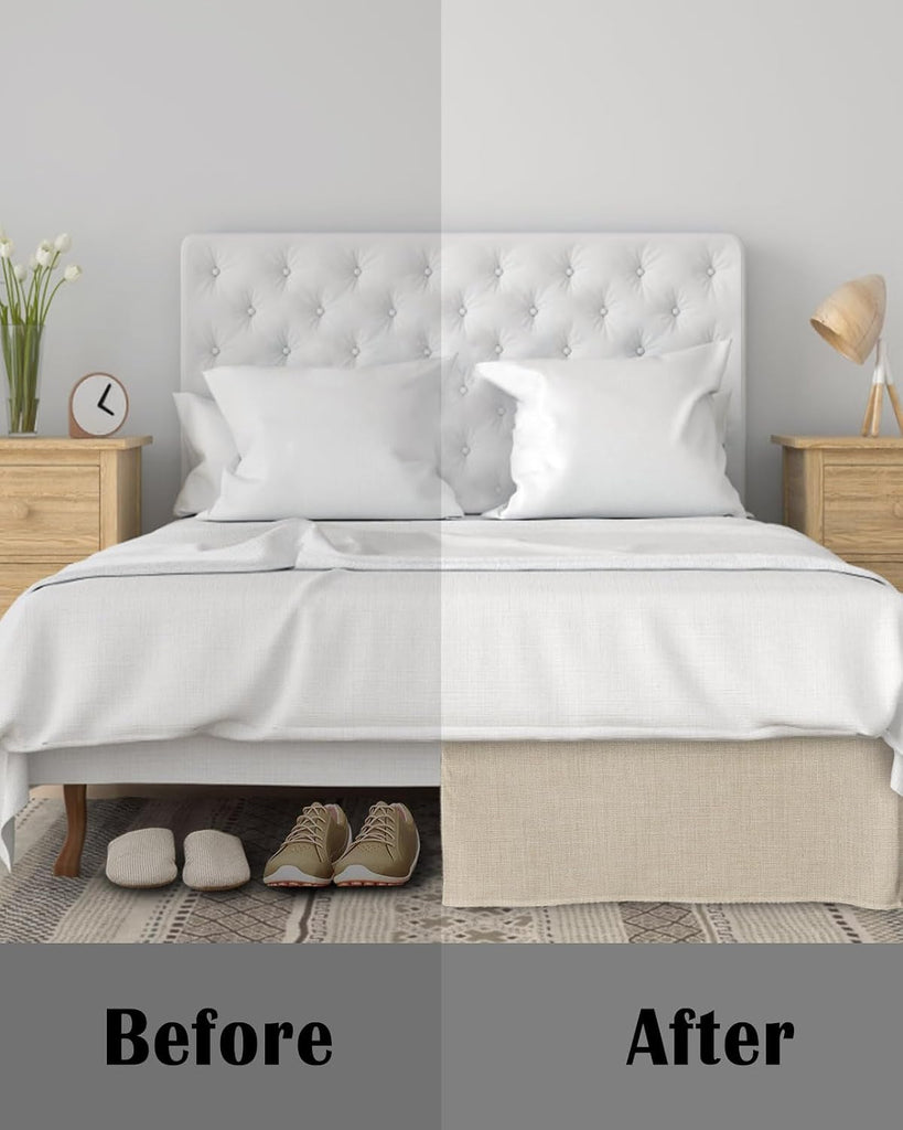 Bed Skirts King Size 16 Inch Tailored Drop Beige Linen Texture Wrap Around Bed Skirt with Split Corners Hotel Quality