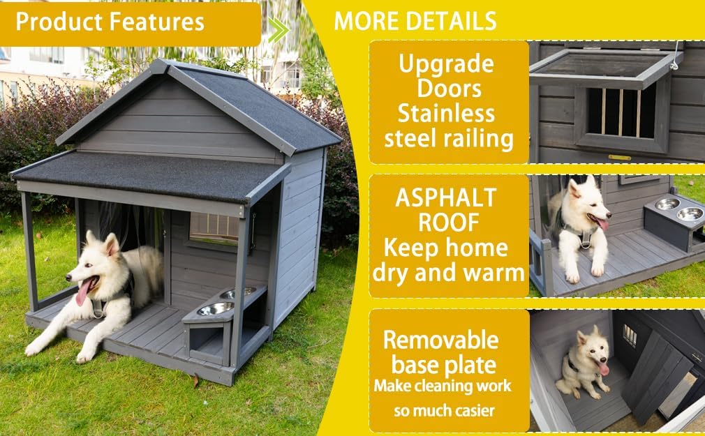 Wooden Outdoor Large Dog House with Balcony and Asphalt roof - Outdoor Insulated with Windproof Curtain, Food Bowl