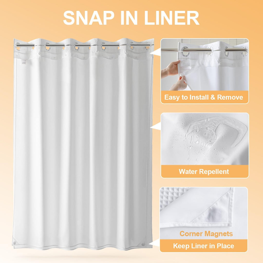 Cotton Blend No Hook Shower Curtain with Liner, White, 71Wx74L | with Snap in Liner, Heavyweight Waffle Fabric, Hotel
