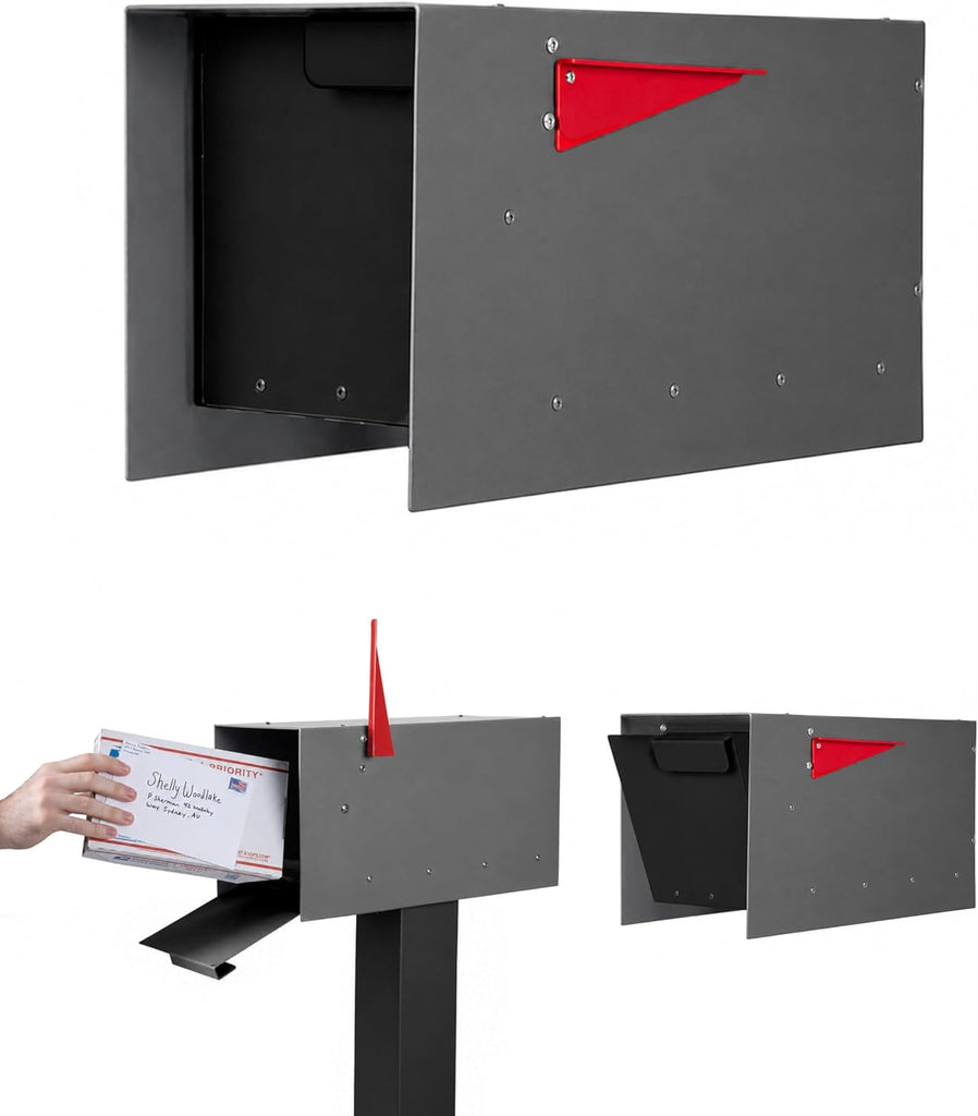 Modern Mailbox Post Mount - 21x8x10 Gray with Black Door Powder Coated Steel, Waterproof Letter Box for Parcels