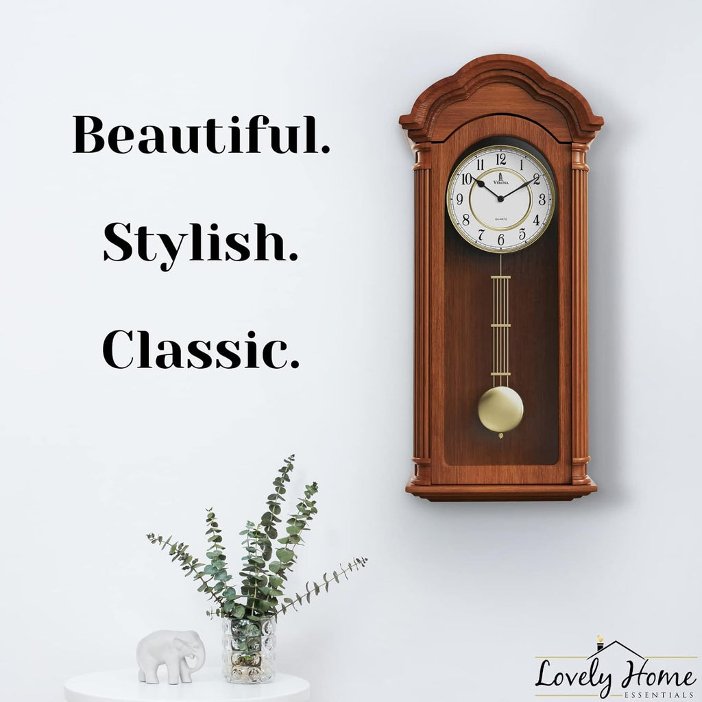 Grandfather Wall Clock with Pendulum — Large Hanging Wooden Battery Operated Non-Chiming Clock 26 x 12 inch - Quiet, Solid Wood Clock...
