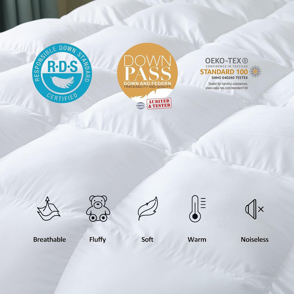 Luxurious Goose Down Feather Fiber Comforter Duvet Insert, Plain Solid Design, White 98 x 98, Premium Baffle Box 100%