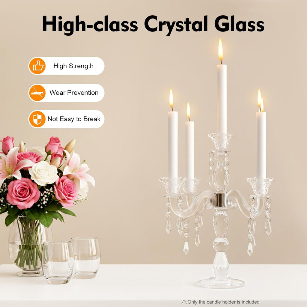 5-Arm Crystal Candelabra with Hanging Prisms & Round Mirror Base, Faceted Cut Crystal Glass, Clear Wedding