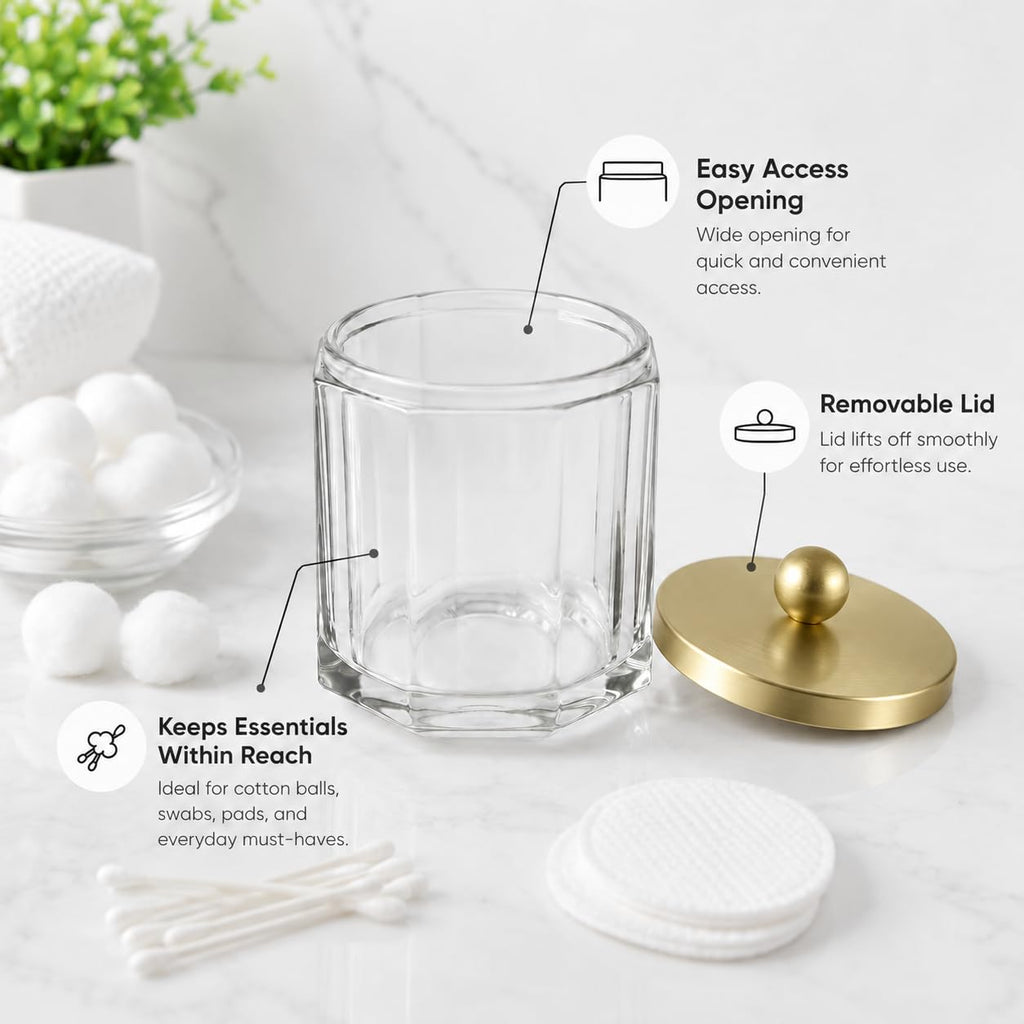 Clear Transparent Apothecary Octagional Shaped Glass Canister Jar With Gold Metal Lid Cover Organization, Cotton