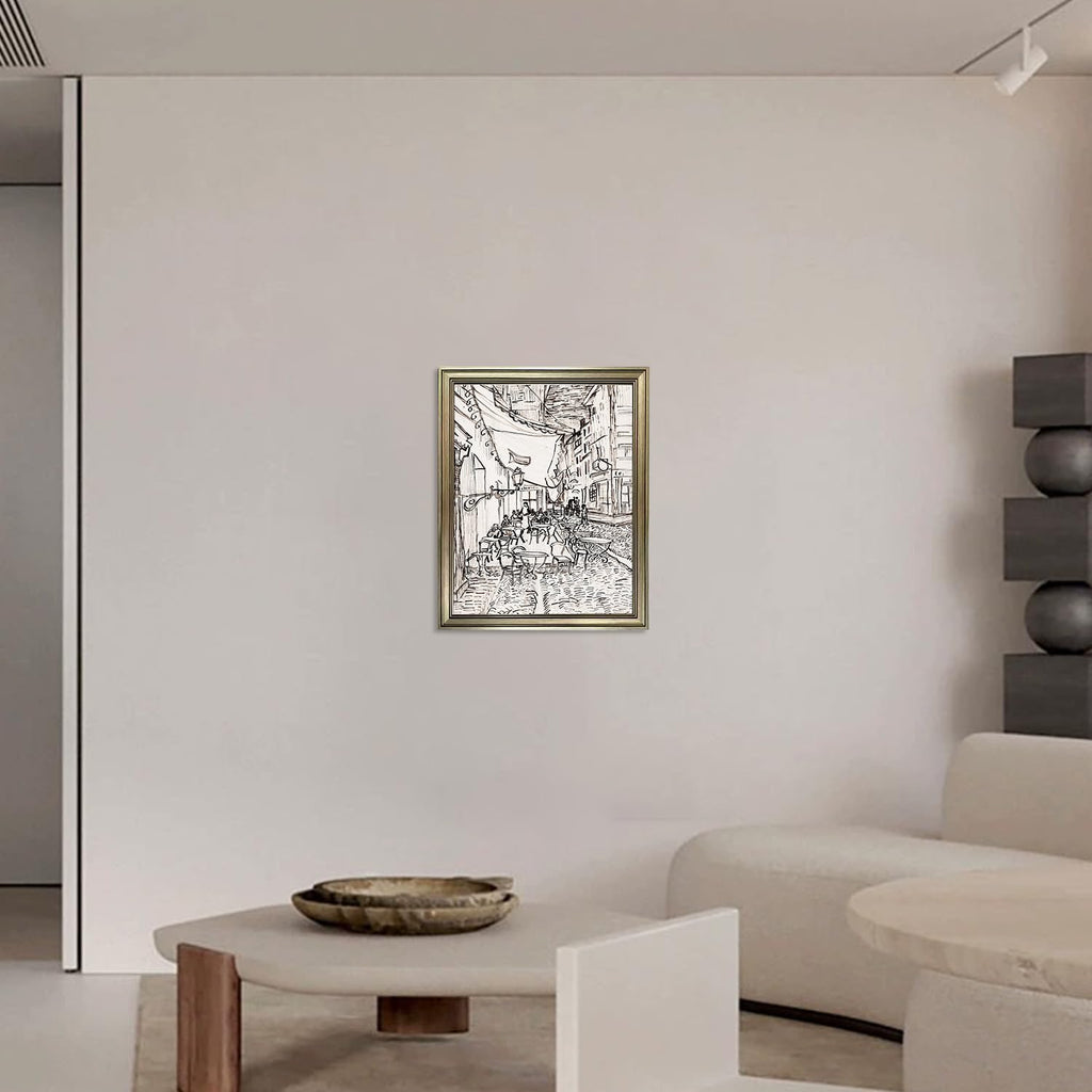 Vintage Framed Van Gogh Wall Art Paris Café Terrace Night Exhibition Print Poster Black and White Pen Drawing Sketch