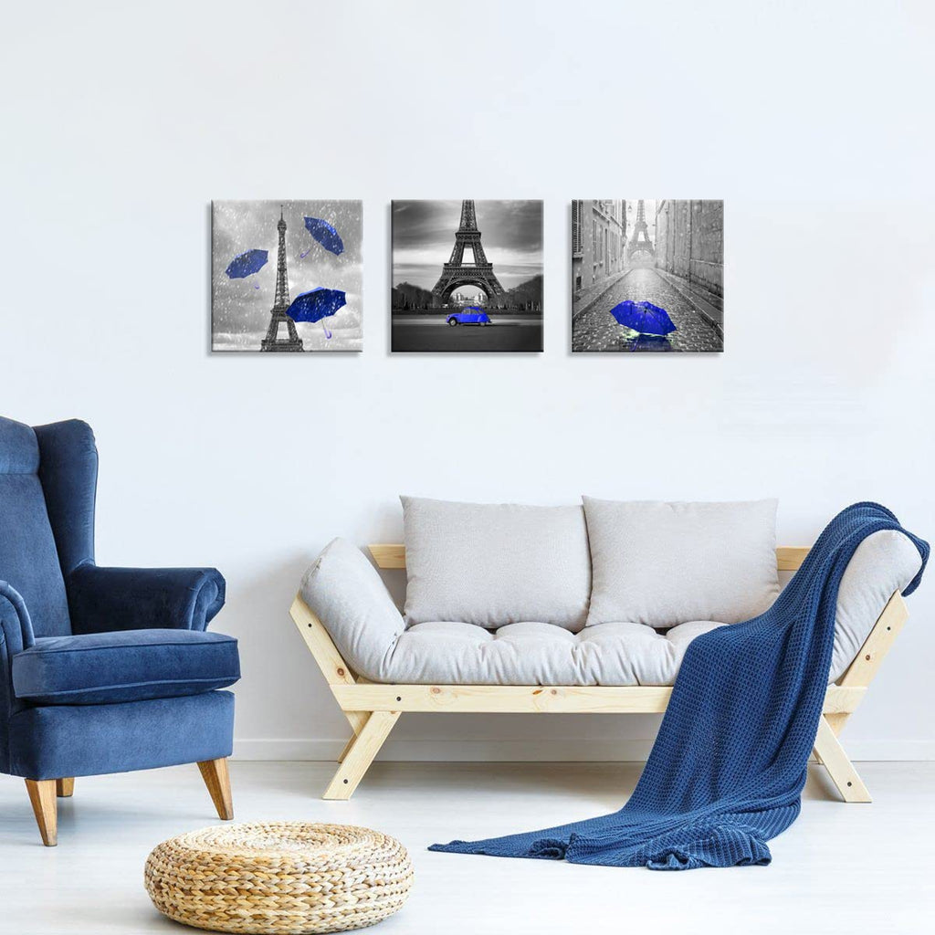 3 Pcs Black and White Canvas Wall Dark Blue Paris Theme Bedroom Bathroom Girls Room Decor Blue Umbrella Print