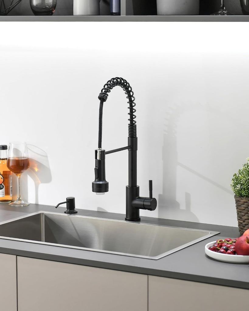 Matte Black LED Kitchen Faucet with Soap Dispenser Pull-Down Sprayer | Modern Single Handle Spring Kitchen Sink