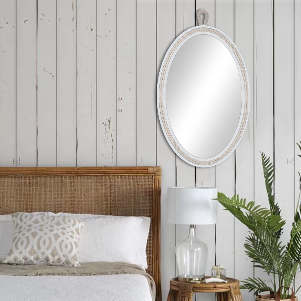 Oval Mirrors for Wall Decor Small White Nautical Rope Mirror Hanging Decorative Beach Coastal Mirror, 24''Lx16''W, Oval