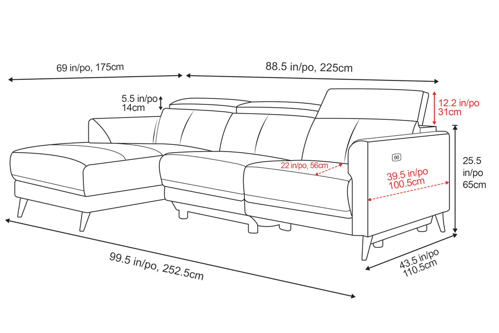 Andria 99.5" Reclining Leather Sectional Sofa, Reclining Couch with Left Hand Chaise | Italian Nappa 11000 Top Grain