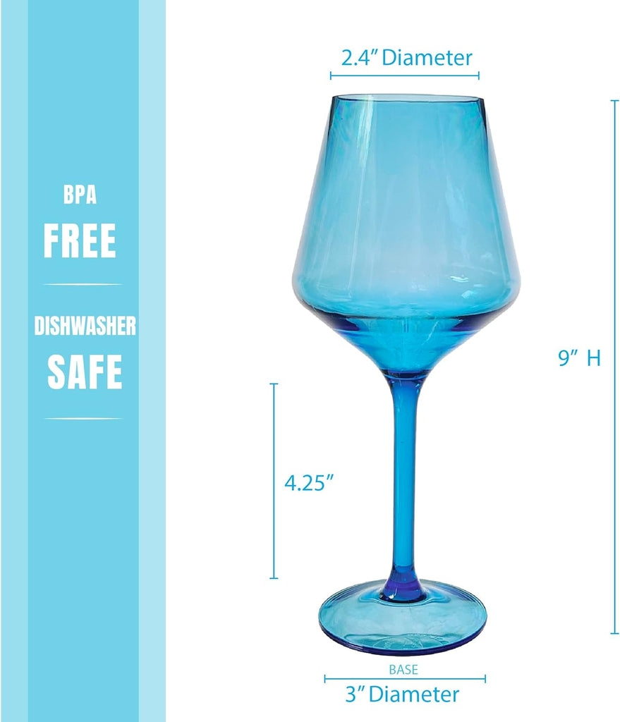 Acrylic Wine Glasses with Stems. Set of 4 Colored, Reusable, Unbreakable and Shatterproof Poolside Outdoor Wine