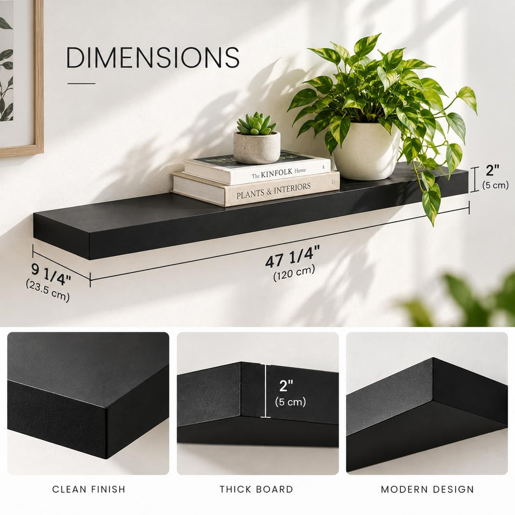 48" Floating Shelf with Hidden Brackets, Wall Display Shelf, Black